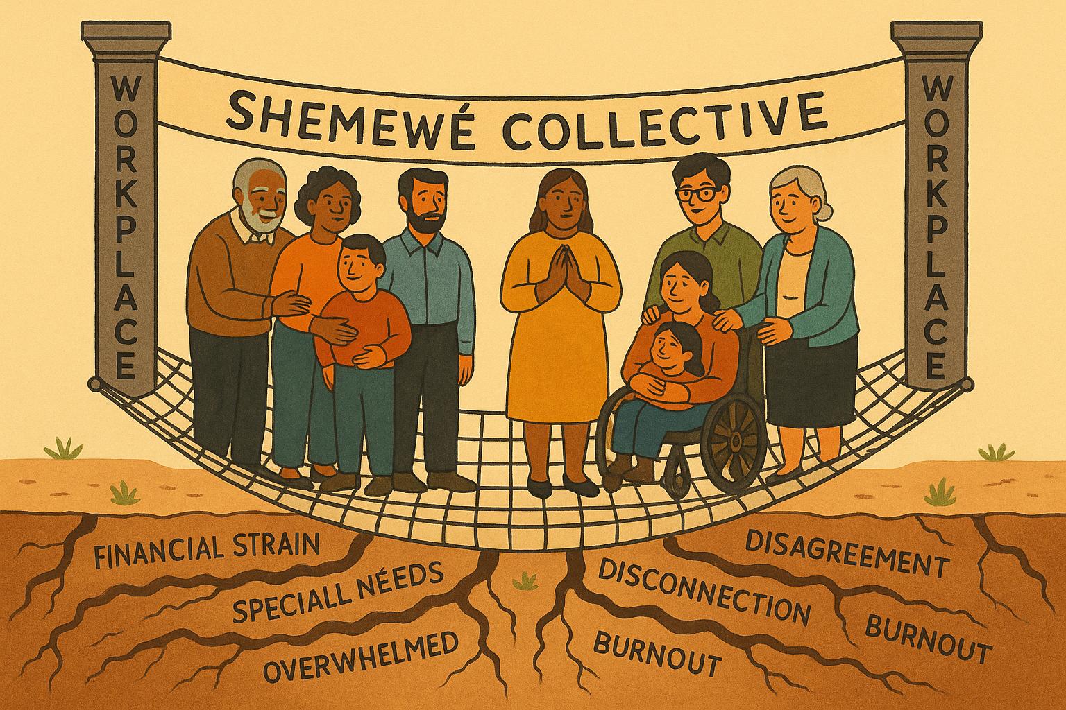 Inclusive workplace parenting support by Shemewé Collective showing families of different ages, cultures, and abilities supported through collective care and wellbeing.