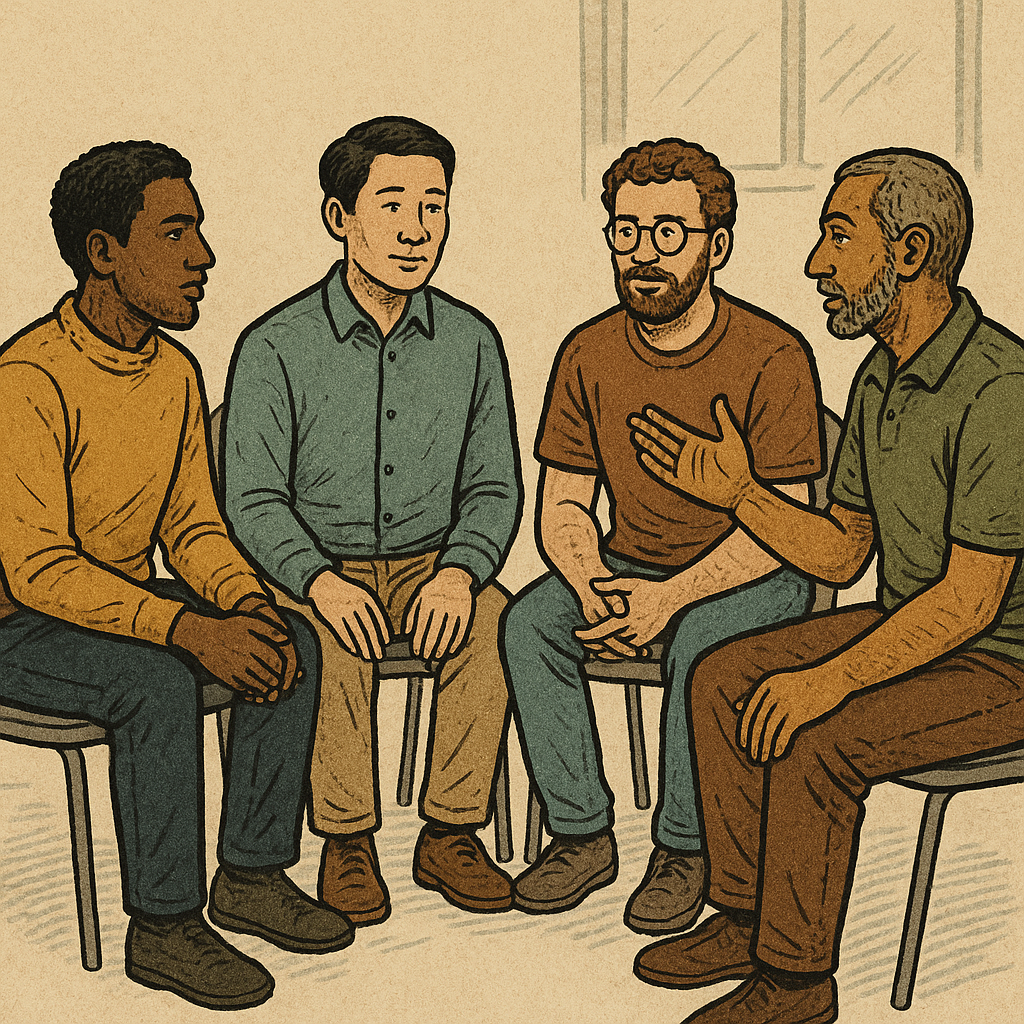 Two men in a relaxed workplace conversation, representing connection over competition in men’s wellbeing.